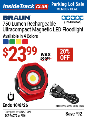 Harbor Freight Tools Coupons, Harbor Freight Coupon, HF Coupons-BRAUN 750 Lumen LED Ultracompact Magnetic Rechargeable Floodlight, Blue for $23.99
