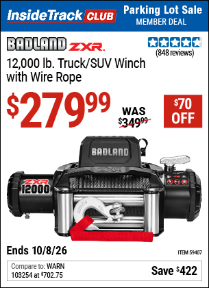 Harbor Freight Tools Coupons, Harbor Freight Coupon, HF Coupons-BADLAND ZXR 12 -000 lb. Truck/SUV Winch with Wire Rope 