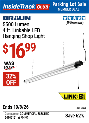 Harbor Freight Tools Coupons, Harbor Freight Coupon, HF Coupons-BRAUN 5500 Lumen 4 ft. Linkable LED Hanging Shop Light 