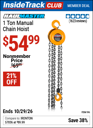 Harbor Freight Tools Coupons, Harbor Freight Coupon, HF Coupons-HAUL-MASTER 1 Ton Manual Chain Hoist for $49.99