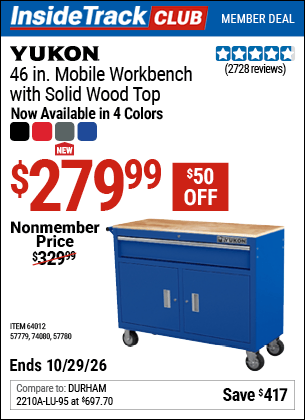 Harbor Freight Tools Coupons, Harbor Freight Coupon, HF Coupons-46 In. Mobile Workbench With Solid Wood Top, Black