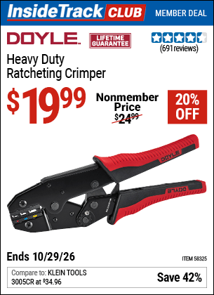 Harbor Freight Tools Coupons, Harbor Freight Coupon, HF Coupons-DOYLE Heavy Duty Ratcheting Crimper for $14.99