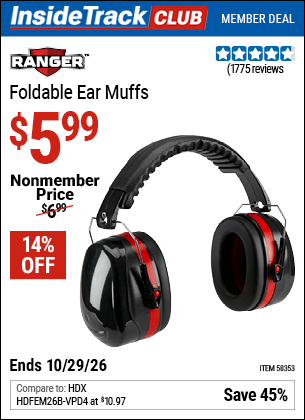 Harbor Freight Tools Coupons, Harbor Freight Coupon, HF Coupons-RANGER Foldable Ear Muffs for $5.99