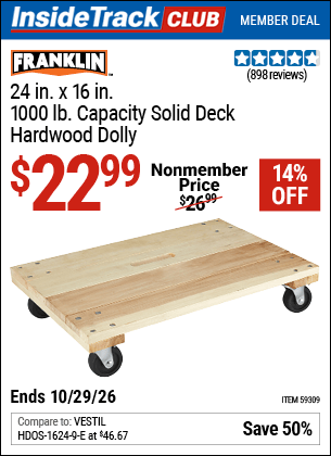 Harbor Freight Tools Coupons, Harbor Freight Coupon, HF Coupons-FRANKLIN 24 in. x 16 in. 1000 lb. Capacity Solid Deck Hardwood Dolly 