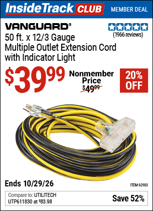 Harbor Freight Tools Coupons, Harbor Freight Coupon, HF Coupons-12 Gauge X 50ft Multi-outlet Extension Cord With Indicator Light