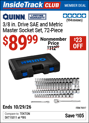 Harbor Freight Tools Coupons, Harbor Freight Coupon, HF Coupons-QUINN 3/8 in. Drive, SAE and Metric Master Socket Set, 72-Piece for $99.99