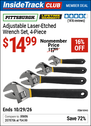 Harbor Freight Tools Coupons, Harbor Freight Coupon, HF Coupons-4 Piece Laser Etched Adjustable Wrench Set