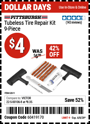 Harbor Freight Tools Coupons, Harbor Freight Coupon, HF Coupons-PITTSBURGH AUTOMOTIVE Tubeless Tire Repair Kit 