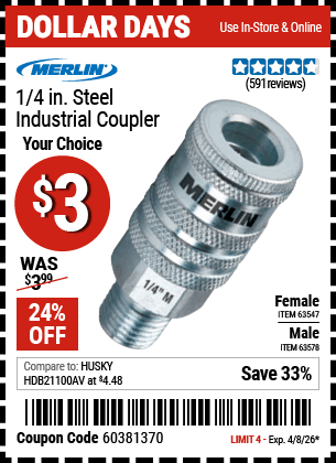 Harbor Freight Tools Coupons, Harbor Freight Coupon, HF Coupons-MERLIN 1/4 in. Male Steel Industrial Coupler 