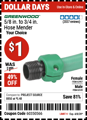 Harbor Freight Tools Coupons, Harbor Freight Coupon, HF Coupons-GREENWOOD 5/8 in. to 3/4 in. Male Hose Mender 