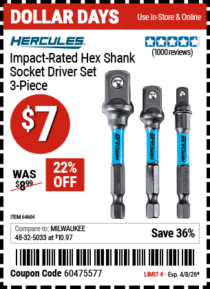 Harbor Freight Tools Coupons, Harbor Freight Coupon, HF Coupons-Hercules 3 Piece Impact Rated Hex Drill Socket Driver Set