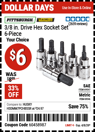 Harbor Freight Tools Coupons, Harbor Freight Coupon, HF Coupons-6 Piece 3/8