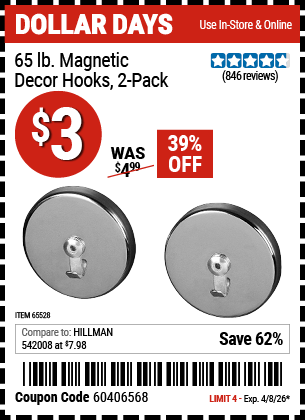 Harbor Freight Tools Coupons, Harbor Freight Coupon, HF Coupons-Magnetic Decor Hooks - Set Of Two