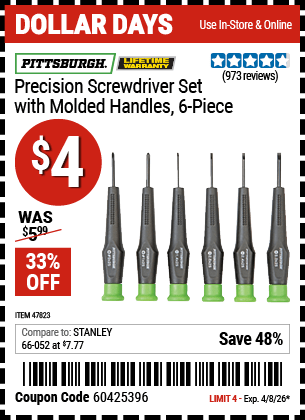Harbor Freight Tools Coupons, Harbor Freight Coupon, HF Coupons-6 Piece Precision Screwdriver Set With Molded Handles