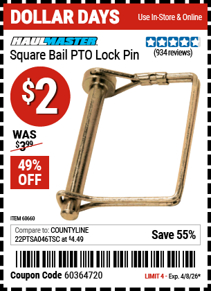 Harbor Freight Tools Coupons, Harbor Freight Coupon, HF Coupons-Square Bail Pto Lock Pin