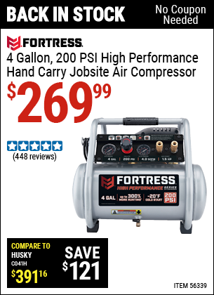 Harbor Freight Tools Coupons, Harbor Freight Coupon, HF Coupons-Fortress 4 Gallon, 1.5 Hp, 200 Psi Oil-free Professional Air Compressor