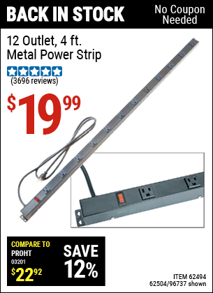 Harbor Freight Tools Coupons, Harbor Freight Coupon, HF Coupons-12 Outlet 4 Ft. Metal Power Strip