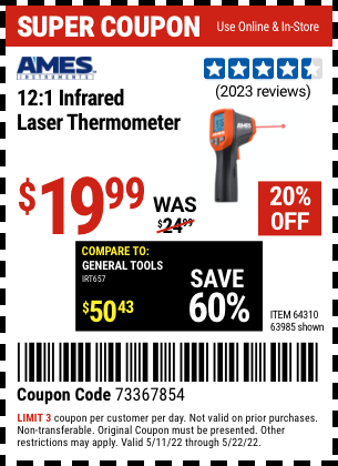 Harbor Freight Tools Coupons, Harbor Freight Coupon, HF Coupons-12:1 Infrared Laser Thermometer