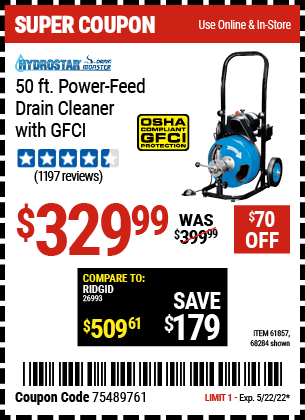 Harbor Freight Tools Coupons, Harbor Freight Coupon, HF Coupons-50 Ft. Commercial Power-feed Drain Cleaner