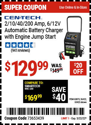 Harbor Freight Tools Coupons, Harbor Freight Coupon, HF Coupons-2/10/40/200 Amp 6/12 Volt Automatic Battery Charger With Engine Jump Start