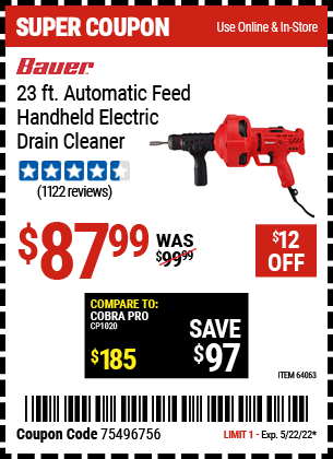 Harbor Freight Tools Coupons, Harbor Freight Coupon, HF Coupons-Bauer 23 Ft Auto Feed Handheld Electric Drain Cleaner