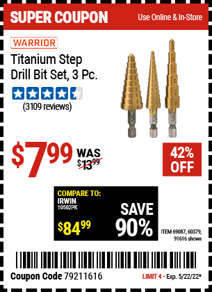Harbor Freight Tools Coupons, Harbor Freight Coupon, HF Coupons-3 Piece Titanium High Speed Steel Step Bits