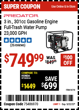 Harbor Freight Tools Coupons, Harbor Freight Coupon, HF Coupons-3 in.  301cc Gasoline Engine Full-Trash Water Pump - 23,000 GPH