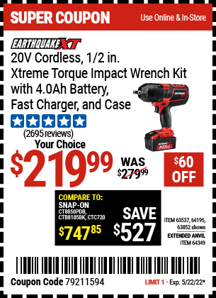 Harbor Freight Tools Coupons, Harbor Freight Coupon, HF Coupons-Earthquake Xt 20 Volt Cordless Extreme Torque 1/2