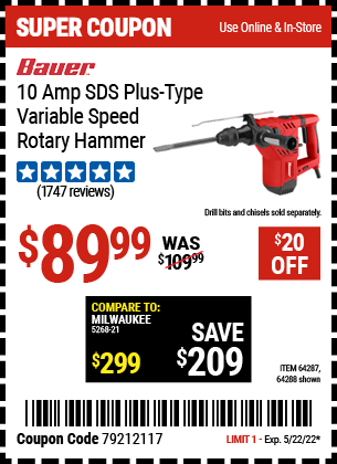 Harbor Freight Tools Coupons, Harbor Freight Coupon, HF Coupons-BAUER 1-1/8 in. SDS Variable Speed Pro Rotary Hammer Kit for $69.99