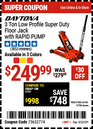 Harbor Freight Tools Coupons, Harbor Freight Coupon, HF Coupons-3 Ton Daytona Professional Steel Floor Jack - Super Duty