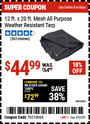 Harbor Freight Tools Coupons, Harbor Freight Coupon, HF Coupons-12 ft. x 20 ft. Mesh All Purpose/Weather Resistant Tarp