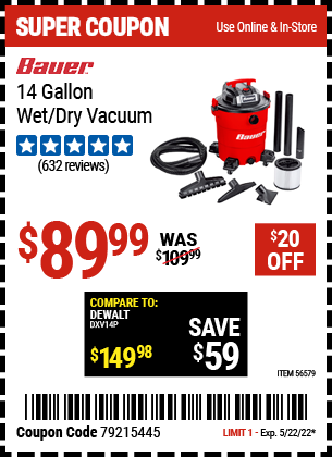 Harbor Freight Tools Coupons, Harbor Freight Coupon, HF Coupons-BAUER 14 Gallon Wet/Dry Vacuum for $89.99