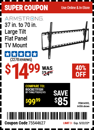 Harbor Freight Tools Coupons, Harbor Freight Coupon, HF Coupons-ARMSTRONG Large Tilt Flat Panel TV Mount for $19.99