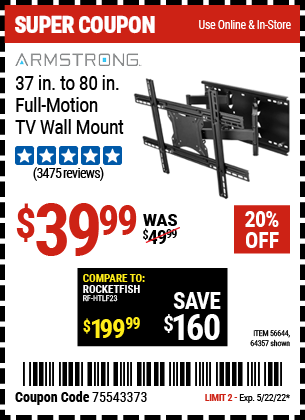 Harbor Freight Tools Coupons, Harbor Freight Coupon, HF Coupons-ARMSTRONG 37 in. to 80 in. Full-Motion TV Wall Mount for $39.99