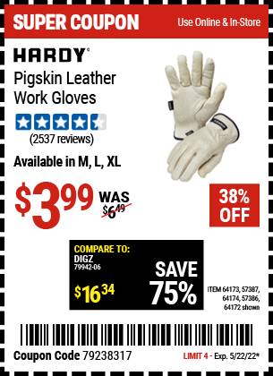 Harbor Freight Tools Coupons, Harbor Freight Coupon, HF Coupons-Pigskin Leather Work Gloves