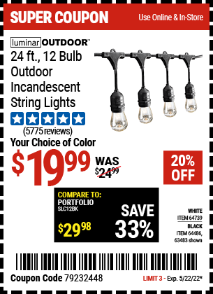 Harbor Freight Tools Coupons, Harbor Freight Coupon, HF Coupons-24 Ft., 18 Bulb, 12 Socket Outdoor String Lights