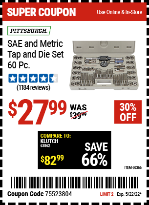 Harbor Freight Tools Coupons, Harbor Freight Coupon, HF Coupons-60 Piece Sae And Metric Tap And Die Set