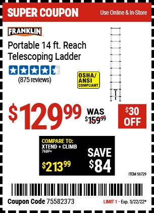 Harbor Freight Tools Coupons, Harbor Freight Coupon, HF Coupons-FRANKLIN Portable 14 Ft. Telescoping Ladder for $99.99