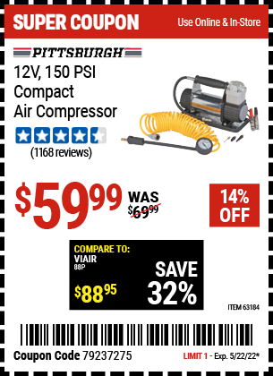 Harbor Freight Tools Coupons, Harbor Freight Coupon, HF Coupons-12v 150 PSI Compact Air Compressor