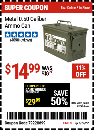 Harbor Freight Tools Coupons, Harbor Freight Coupon, HF Coupons-.50 Cal Metal Ammo Can for $9.99
