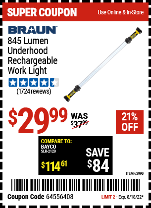 Harbor Freight Tools Coupons, Harbor Freight Coupon, HF Coupons-845 Lumen Underhood Rechargeable Work Light