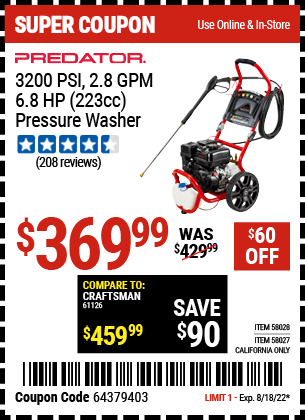 Harbor Freight Tools Coupons, Harbor Freight Coupon, HF Coupons-3100 PSI, 2.8 GPM, 6.5 HP (212cc) Pressure Washer EPA III