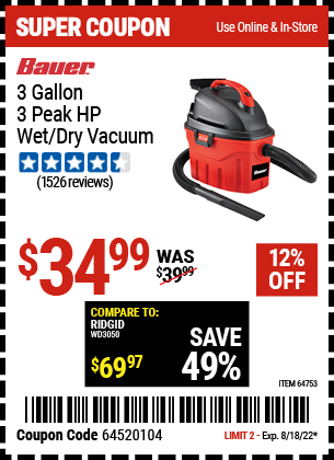 Harbor Freight Tools Coupons, Harbor Freight Coupon, HF Coupons-3 Gallon Wet/dry Vacuum