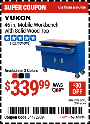 Harbor Freight Tools Coupons, Harbor Freight Coupon, HF Coupons-46 In. Mobile Storage Cabinet With Wood Top