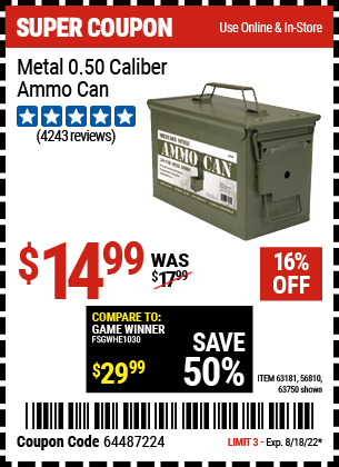 Harbor Freight Tools Coupons, Harbor Freight Coupon, HF Coupons-.50 Cal Metal Ammo Can