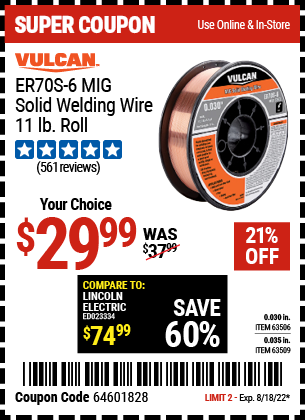 Harbor Freight Tools Coupons, Harbor Freight Coupon, HF Coupons-0.035 in. ER70S-6 MIG Solid Welding Wire, 11.00 lb. Roll