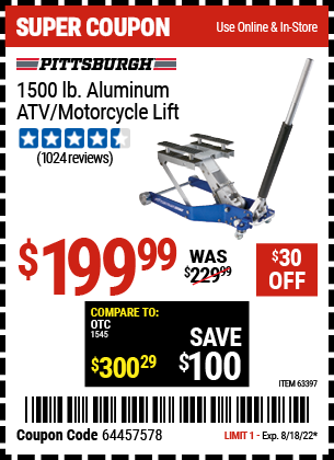 Harbor Freight Tools Coupons, Harbor Freight Coupon, HF Coupons-PITTSBURGH AUTOMOTIVE 1500 lb. Capacity ATV / Motorcycle Lift for $149.99