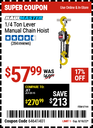 Harbor Freight Tools Coupons, Harbor Freight Coupon, HF Coupons-1/4 Ton Lever Chain Hoist
