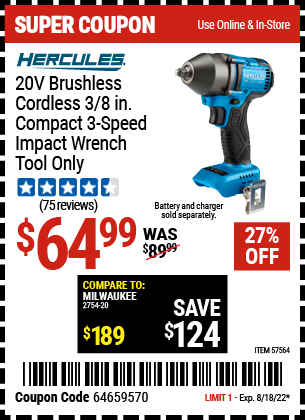 Harbor Freight Tools Coupons, Harbor Freight Coupon, HF Coupons-20v Brushless Cordless 3/8 in. Compact 3-Speed Impact Wrench Tool Only