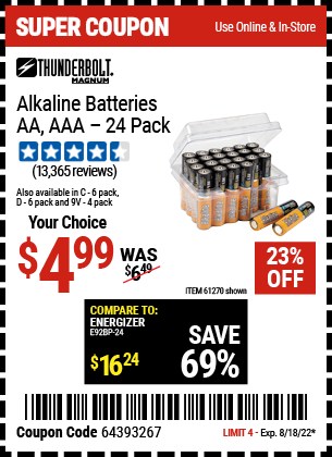 Harbor Freight Tools Coupons, Harbor Freight Coupon, HF Coupons-Thunderbolt Magnum Alkaline Batteries Aa, Aaa - 24 Pk